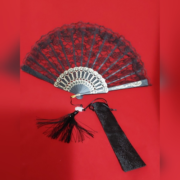 Accessories - BLACK LACE HAND FAN with BLACK SATIN SLEEVE